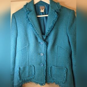 ADEC  Women's teal Blue button front blazer textured Tweed wool blend size 14